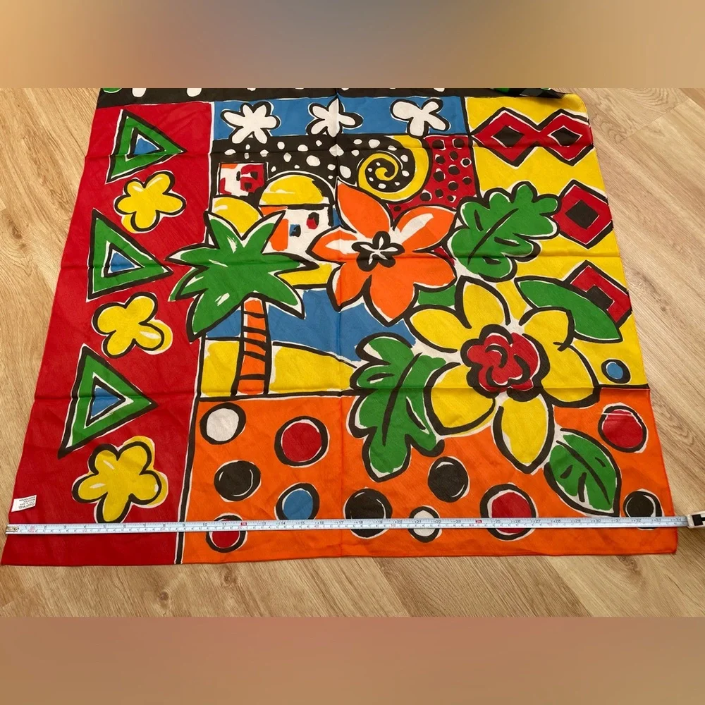 Vintage Colorful square scarf floral polka dots palm tree red blue green yellow